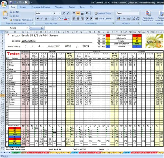 GesTurma EXCEL - Análise anual de testes